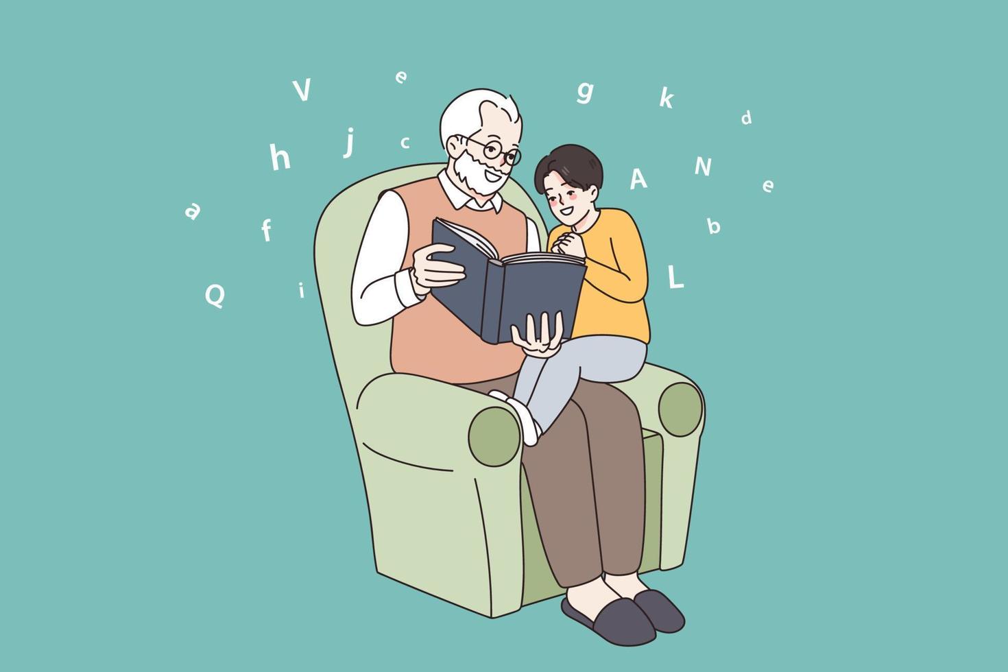 Lycklig mogna farfar sitta i fåtölj läsning bok till liten barnbarn njut av helgen tillsammans. omtänksam farfar koppla av i stol med små barnbarn. gammal och ung generation. vektor illustration.