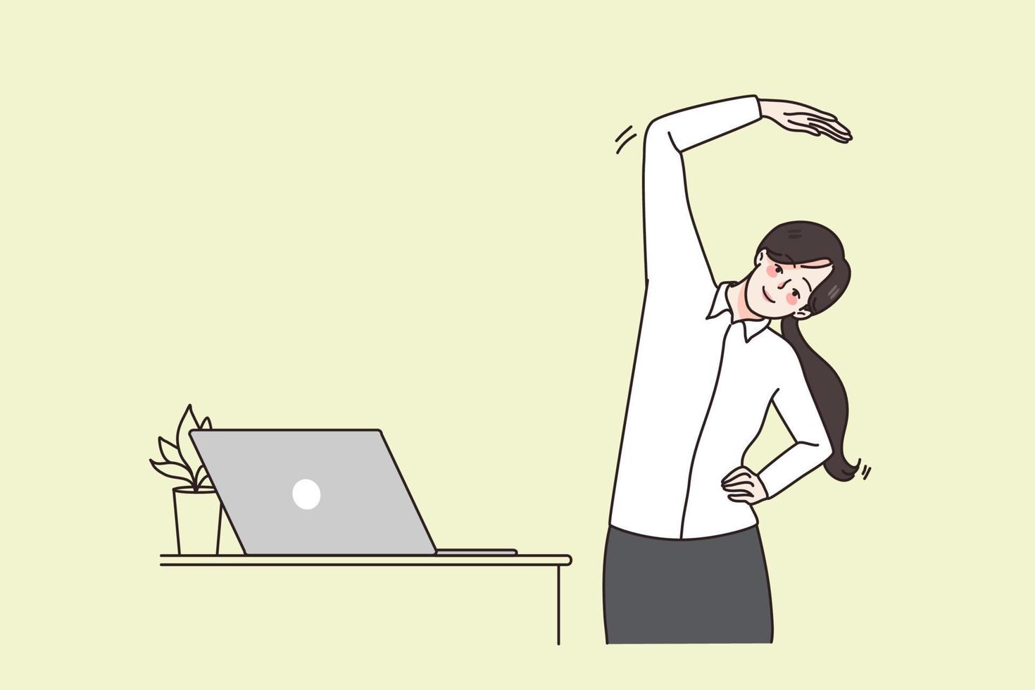 leende ung affärskvinna do gymnastik nära dator på arbetsplats. Lycklig kvinna anställd eller arbetstagare sträcka övning i kontor, trött av stillasittande livsstil. platt vektor illustration.