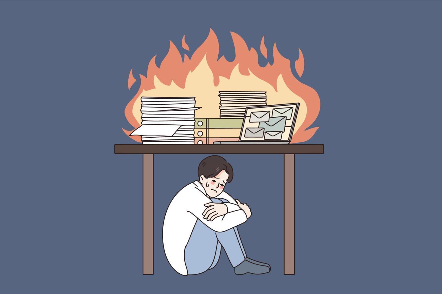 olycklig betonade man under tabell frustrerad förbi arbete brinnande skrivbord ha deadline i kontor. upprörd affärsman eller anställd bedrövad med jobb utbrändhet. påfrestning begrepp. vektor illustration.