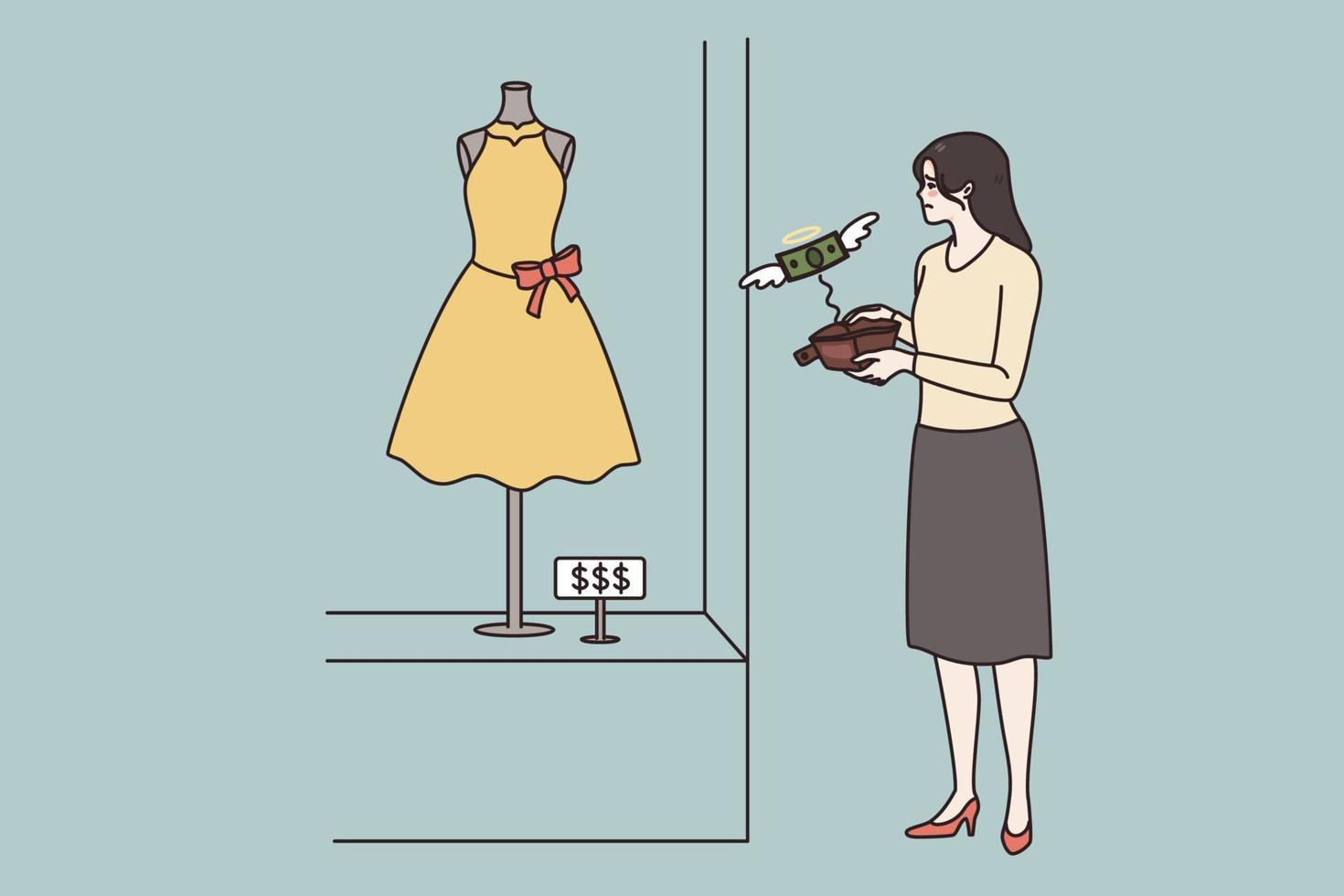 jung Frau haben finanziell Probleme Traum von Kleid von Kleidung Geschäft oder Boutique. unzufrieden Mädchen Pleite aussehen beim Kleidungsstück im Geschäft Fenster. Einkaufen und Konsumismus. Vektor Illustration.