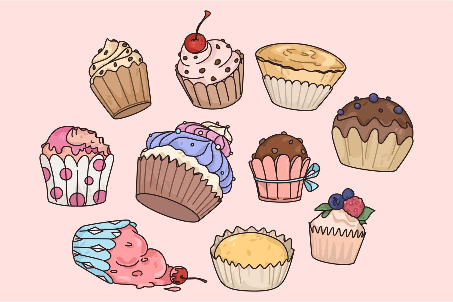 einstellen von verschiedene Süss Cupcakes dekoriert mit Creme. Sammlung von Muffins mit Füllungen und Beläge. Süss Dessert Konzept. eben Vektor Illustration. Bäckerei oder Kaffee Geschäft Speisekarte Werbung.