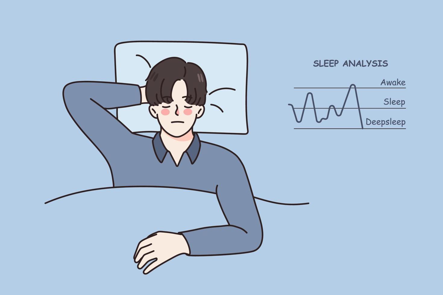 Ruhe jung Mann schlafend im Bett haben Schlaf Analyse Diagramm nahe. entspannt Kerl sich ausruhen Nickerchen Traum beim Zuhause im Schlafzimmer, analysieren Tiefschlaf und wach. Diagnose App oder Tracker. Vektor Illustration.
