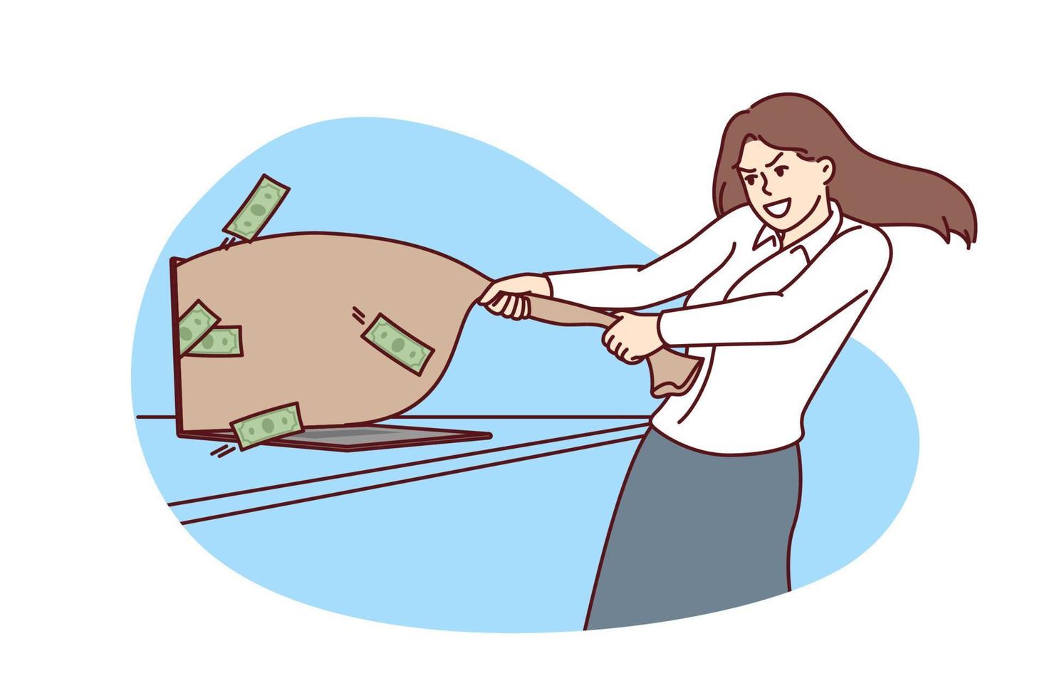 affärskvinna drar ut väska pengar från bärbar dator symboliserar inkomst från frilans jobb på internet. frilansare flicka får massa pengar arbetssätt på dator eller lösa in ut digital dollar och kryptovaluta vektor