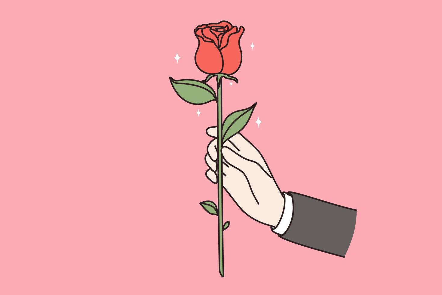 geben Blumen wie Geschenk Konzept. Hand von Geschäftsmann halten rot frisch blühen Rose Blume geben wie Geschenk zu jemand Vektor Illustration