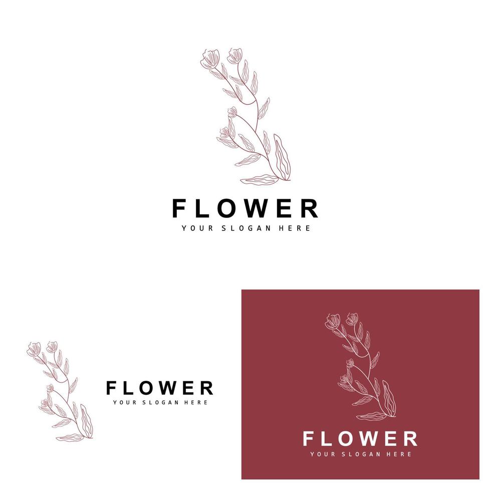 enkel botanisk blad och blomma logotyp, vektor naturlig linje stil, dekoration design, baner, flygblad, bröllop inbjudan, och produkt branding