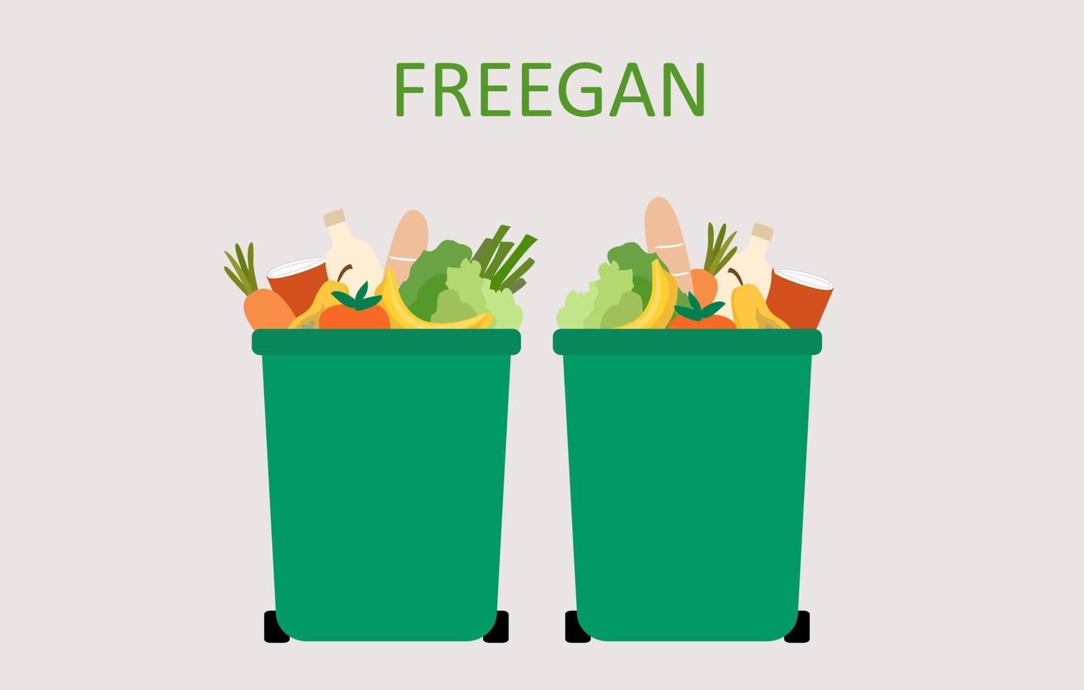 freegan mat och friluftsliv begrepp, mat, frukter, grönsaker och Övrig Produkter i sopor bin vektor illustration.