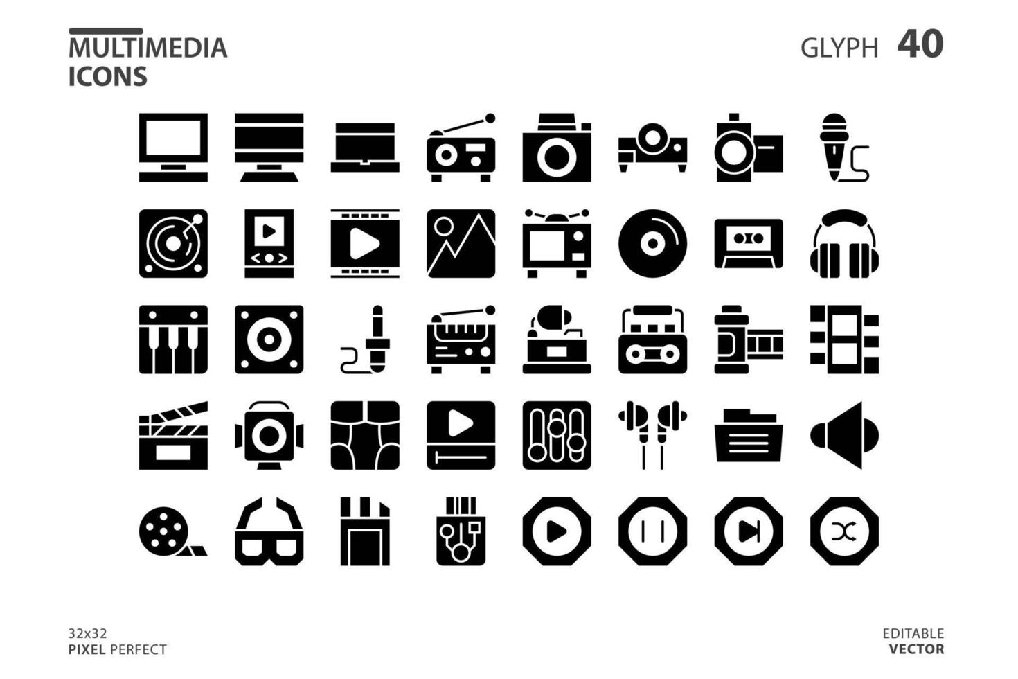 Symbolsammlung von Multimedia im Glyphenstil. Vektorillustration und bearbeitbarer Strich. isoliert auf weißem Hintergrund. vektor