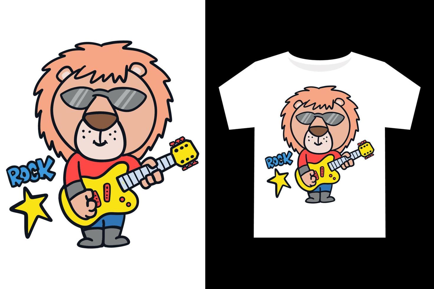 hand dragen rolig lejon gitarrist tecknad serie illustration för barn t skjorta design vektor