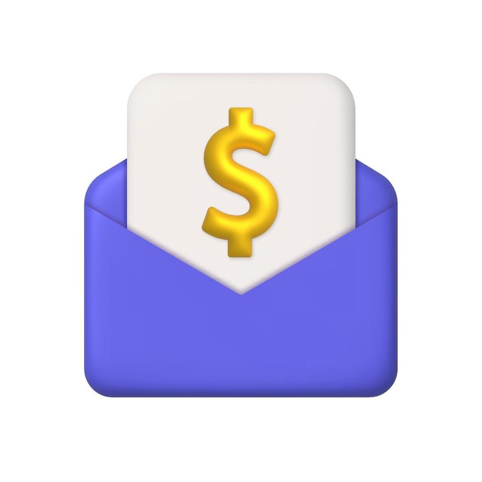Neu Botschaft 3d Symbol. lila öffnen Mail Briefumschlag und Papier mit golden Dollar. 3d realistisch Vektor Design Element.