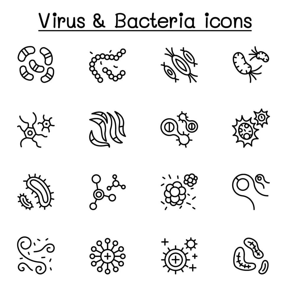 Virus-, Bakterien- und Covid-19-Symbol im Stil einer dünnen Linie vektor