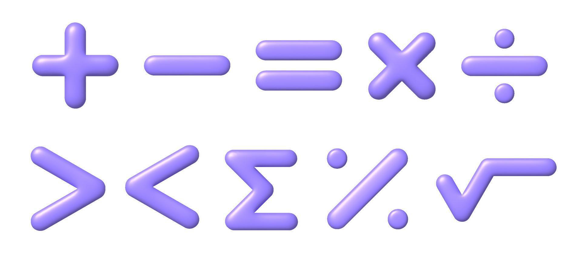 Mathematik 3d Symbol Satz. lila Arithmetik Zeichen auf Weiß Hintergrund mit Schatten. Vektor Illustration.