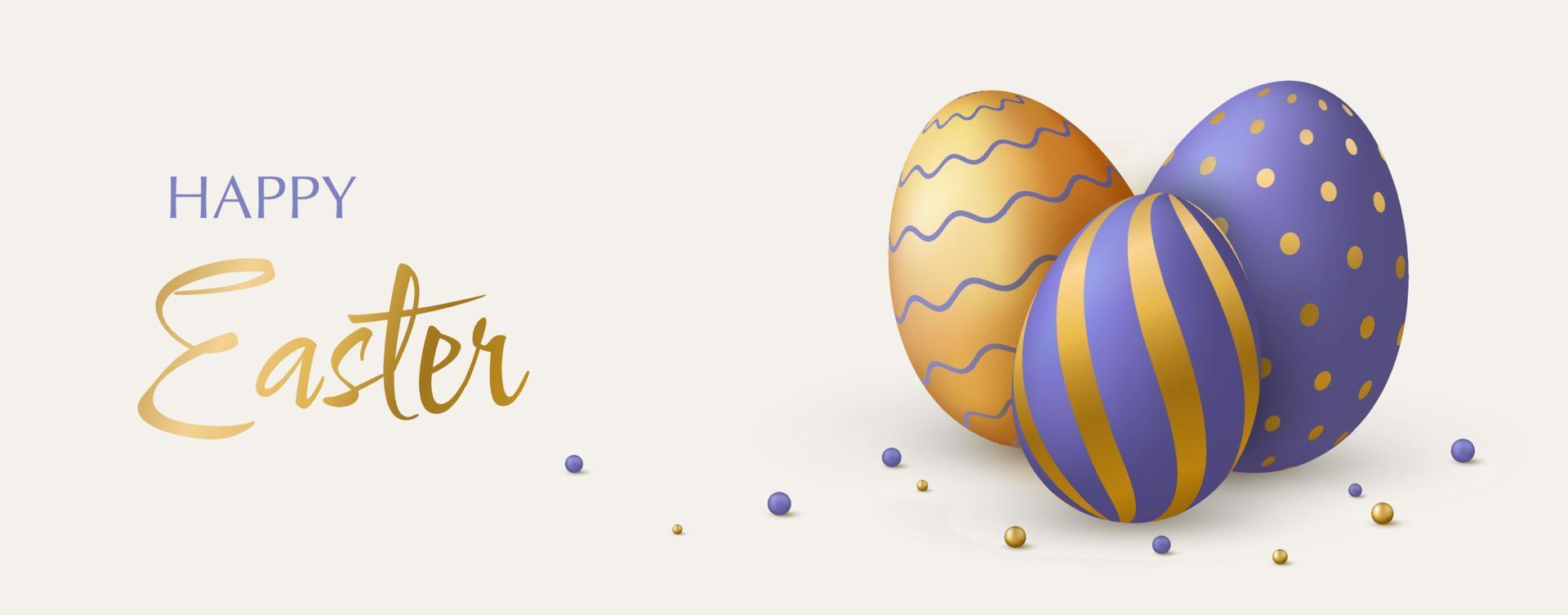 glücklich Ostern Urlaub Banner. lila und Gold 3d Eier und dekorativ Bälle. vektor
