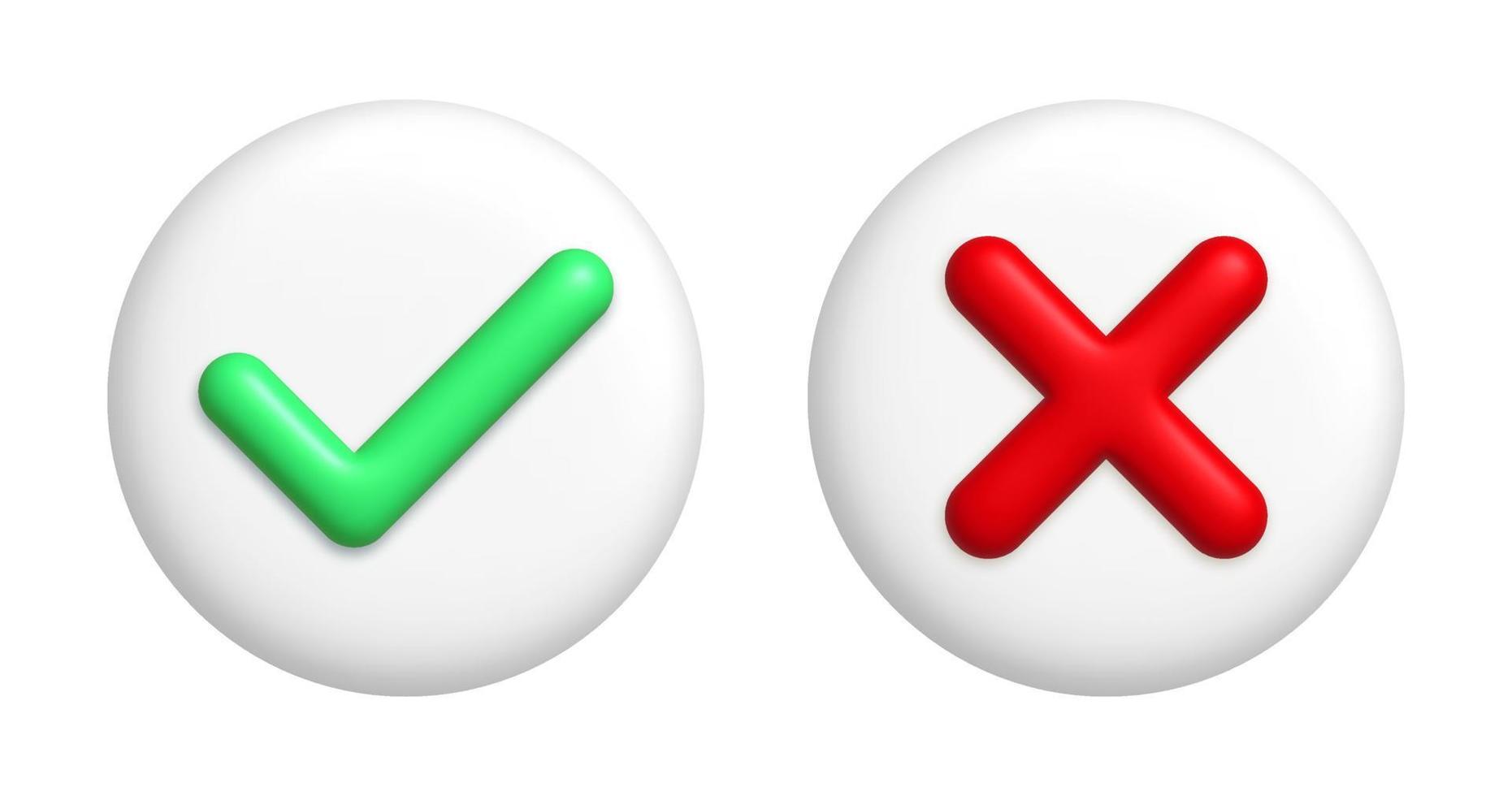 röd annullera korsa mark och grön bock ikoner på runda vit knappar. 3d realistisk design element. vektor