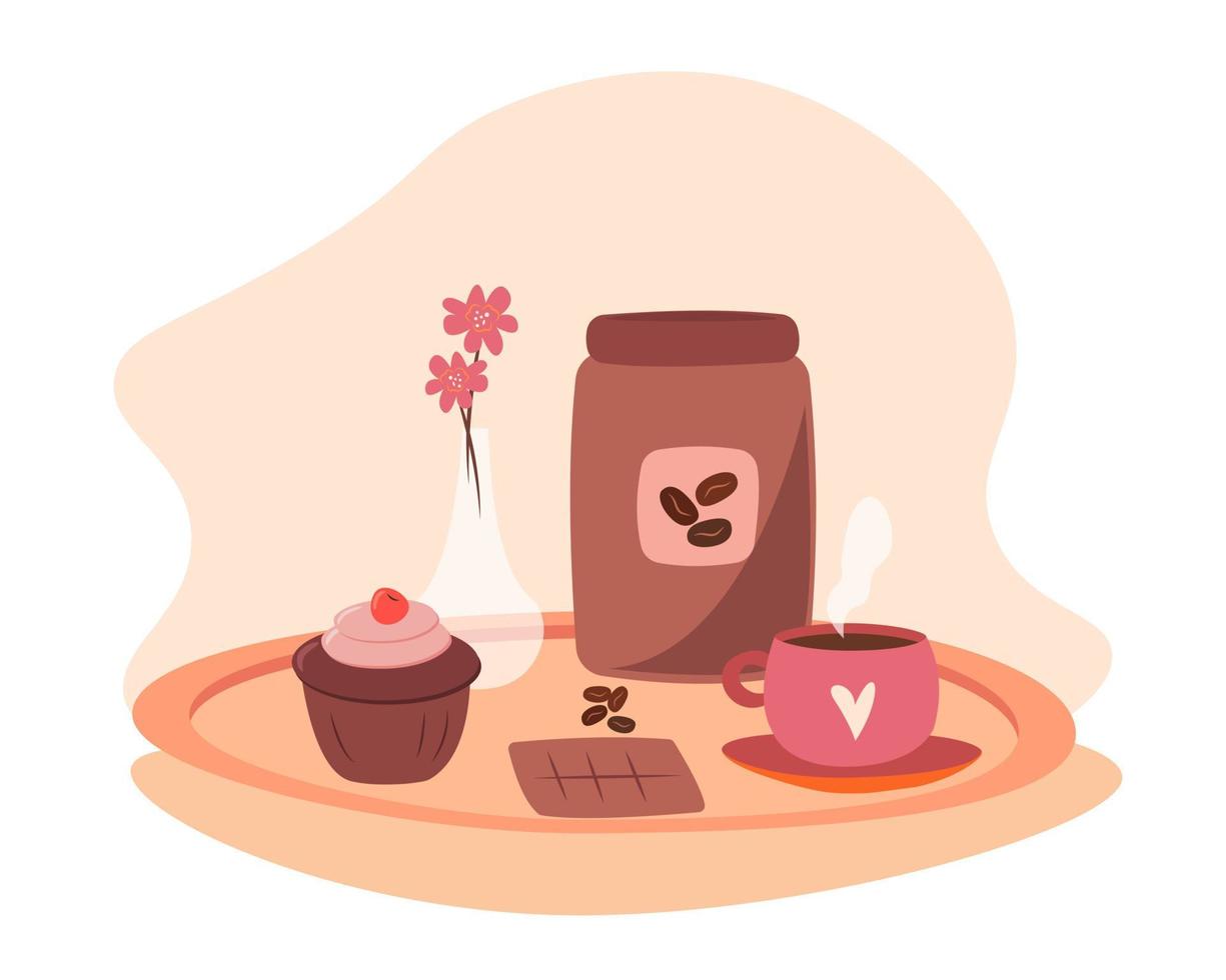 Kaffee Elemente. Kaffee Hersteller, Topf, Kaffee Hersteller, Tasse, Kuchen, Blumen. Vektor Illustrator