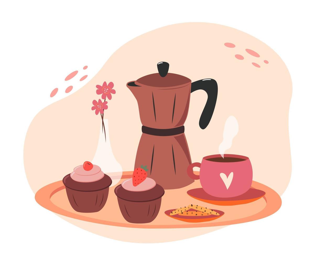 Kaffee Elemente. Kaffee Hersteller, Topf, Kaffee Hersteller, Tasse, Kuchen, Blumen. Vektor Illustrator