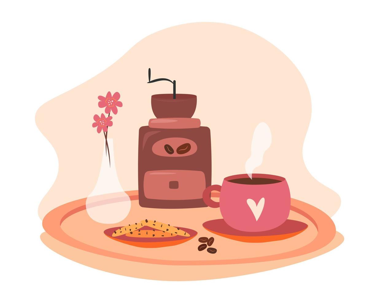 Kaffee Elemente. Kaffee Hersteller, Topf, Kaffee Hersteller, Tasse, Kuchen, Blumen. Vektor Illustrator