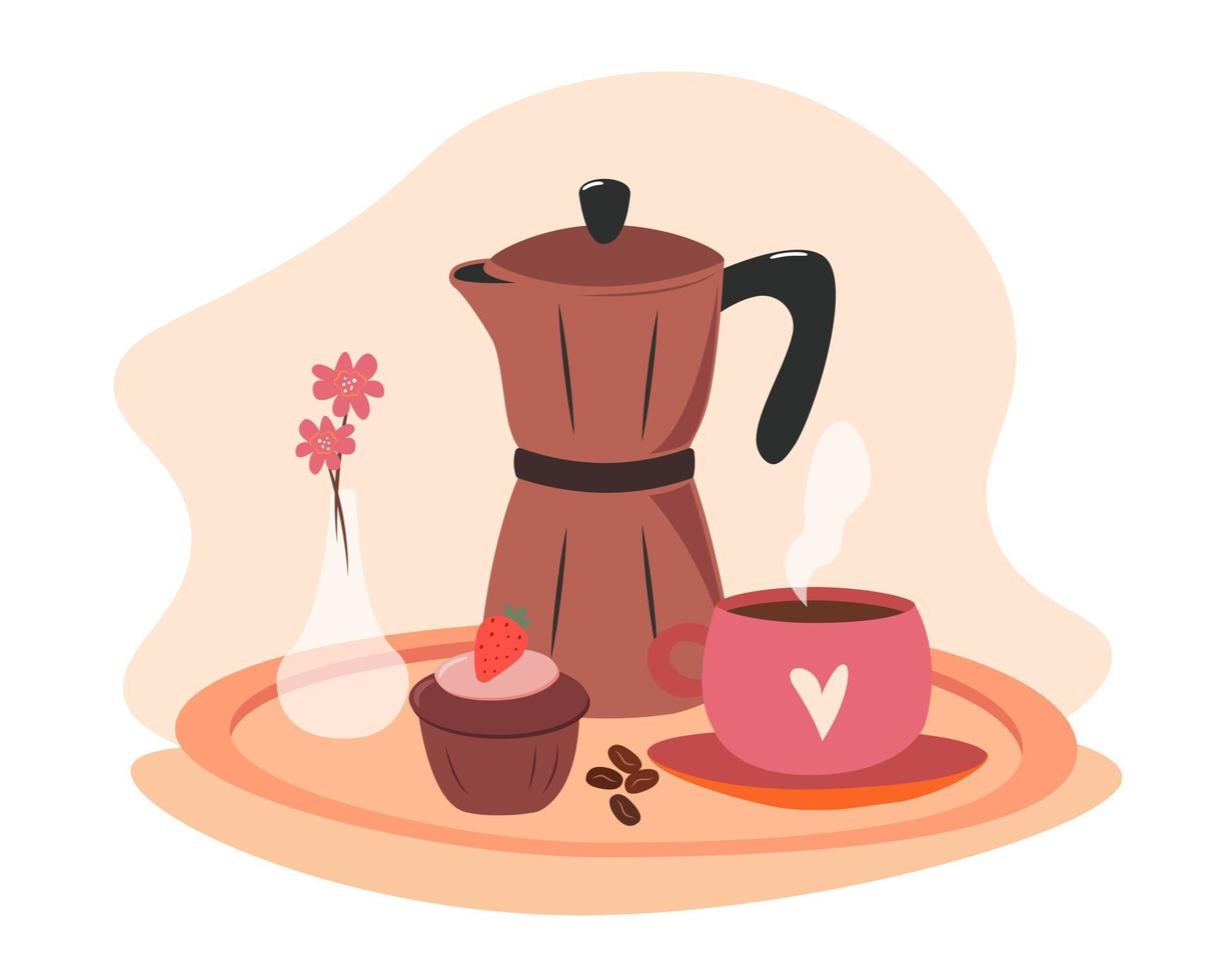 Kaffee Elemente. Kaffee Hersteller, Topf, Kaffee Hersteller, Tasse, Kuchen, Blumen. Vektor Illustrator