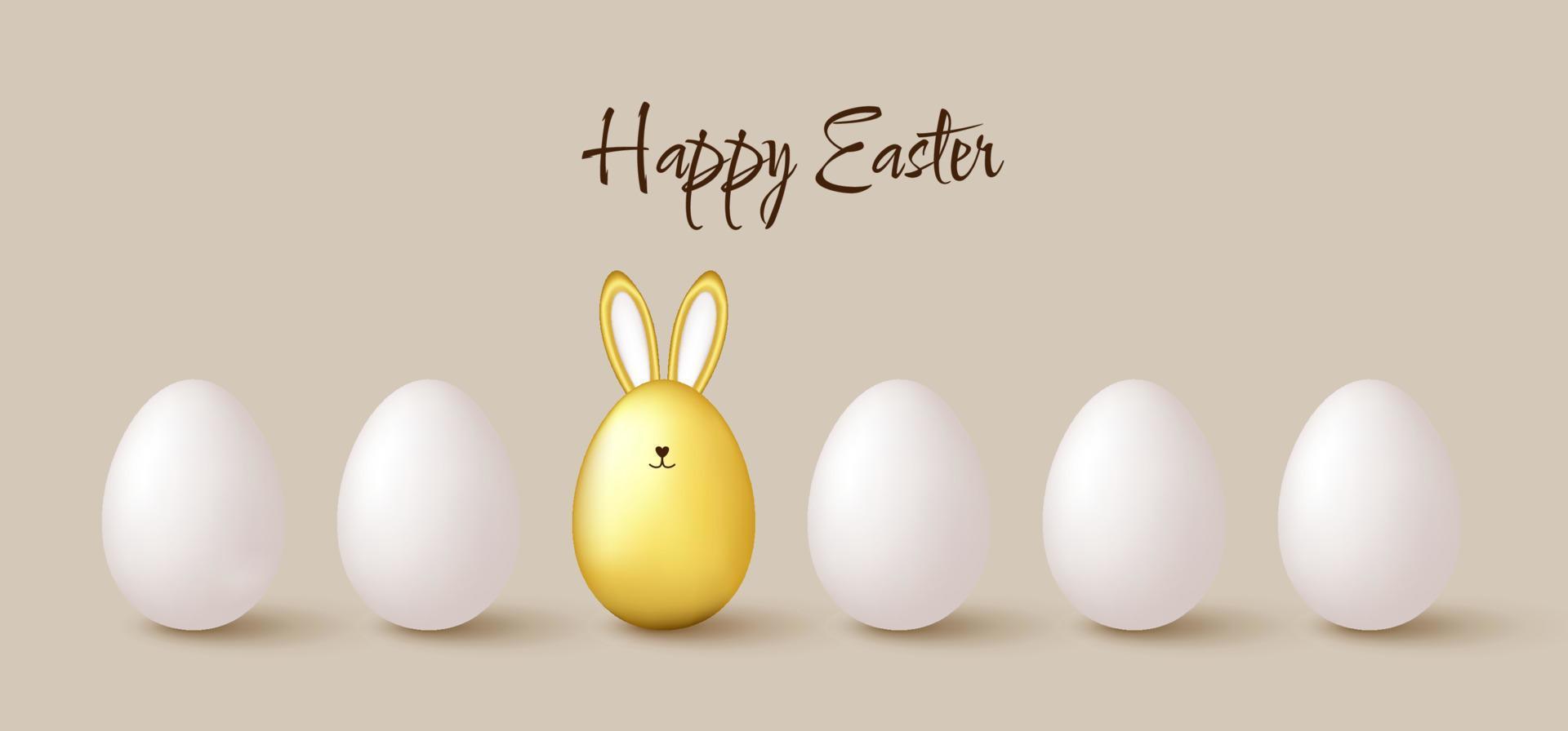 glücklich Ostern süß Hintergrund mit Weiß Eier und golden Ei mit Hase Ohren. vektor