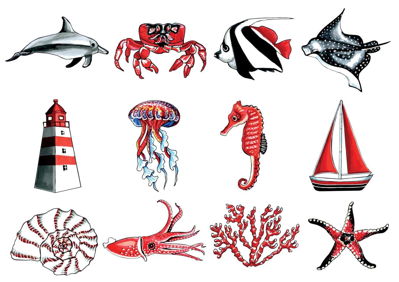 marin uppsättning röd svart Färg. vektor eps illustration marin djur.