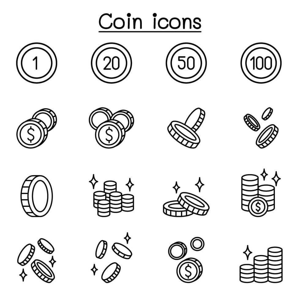 mynt, pengar ikonuppsättning i tunn linje stil vektor