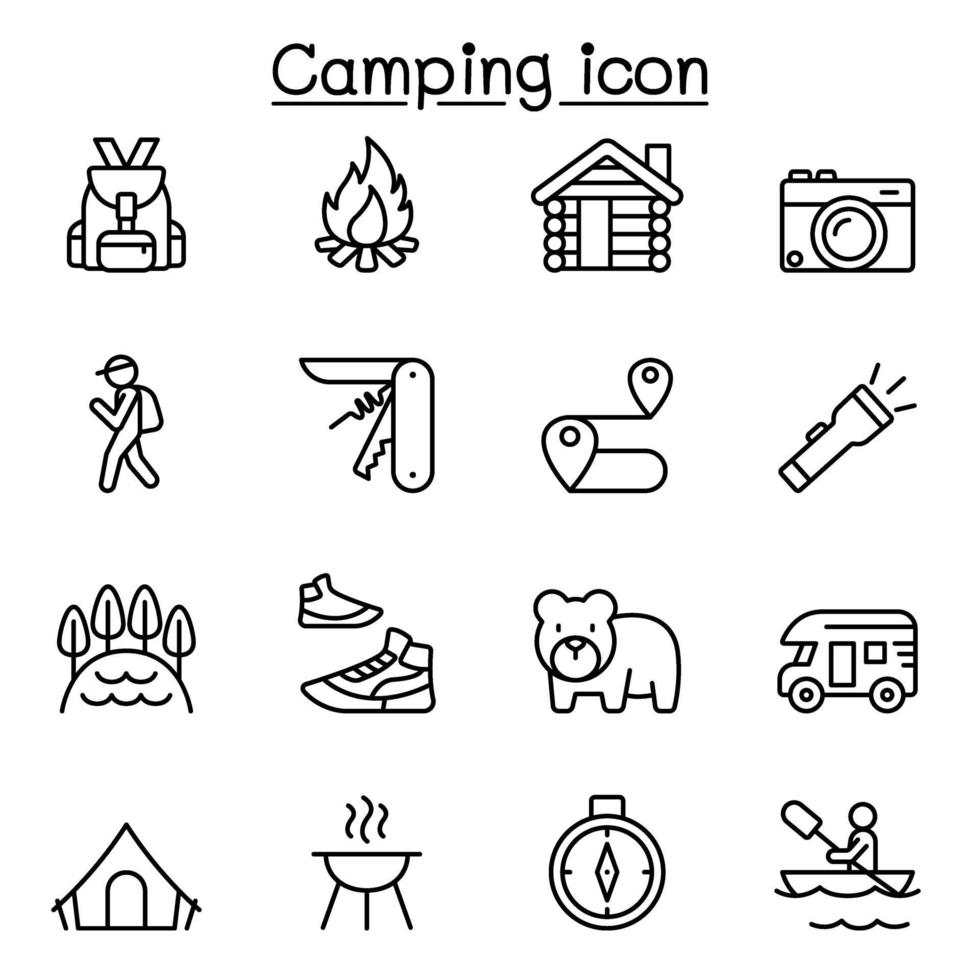 Camping-Symbole im Stil einer dünnen Linie vektor