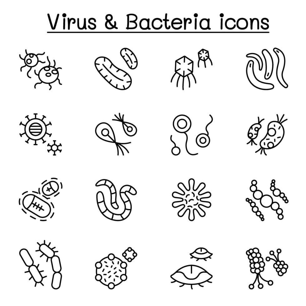 virus, bakterier och covid-19 ikonuppsättning i tunn linje stil vektor