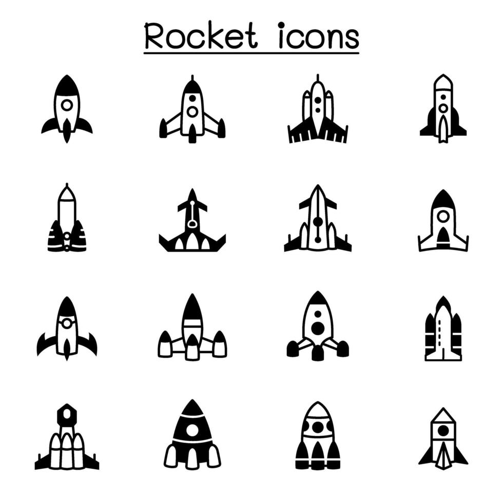 Rakete, Raumschiff, Raumfahrzeugikonensatzvektorillustrationsgrafikdesign vektor