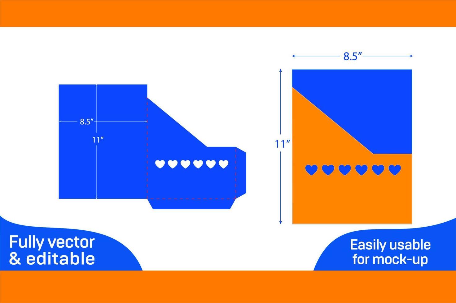 Tasche Briefumschlag 8,5x11 Zoll Dieline Vorlage mit Herz gestalten transparent Fenster Schnitt 3d Box vektor