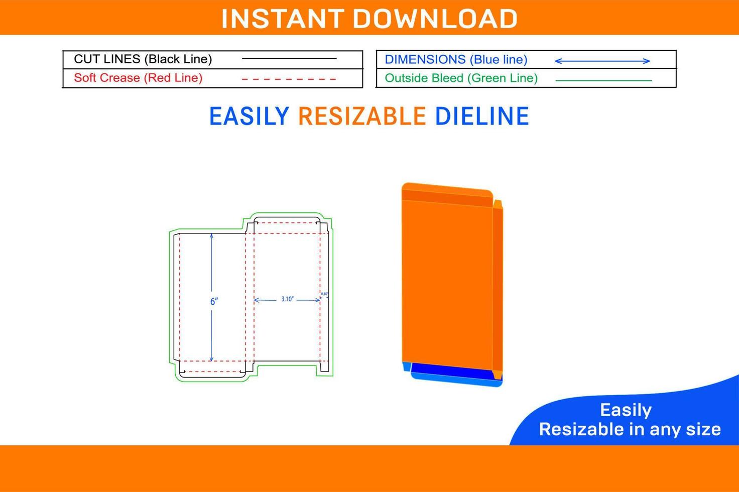 3,10x0,40x6 Zoll rte oder umkehren stecken Ende Box Dieline Vorlage und 3d Box vektor