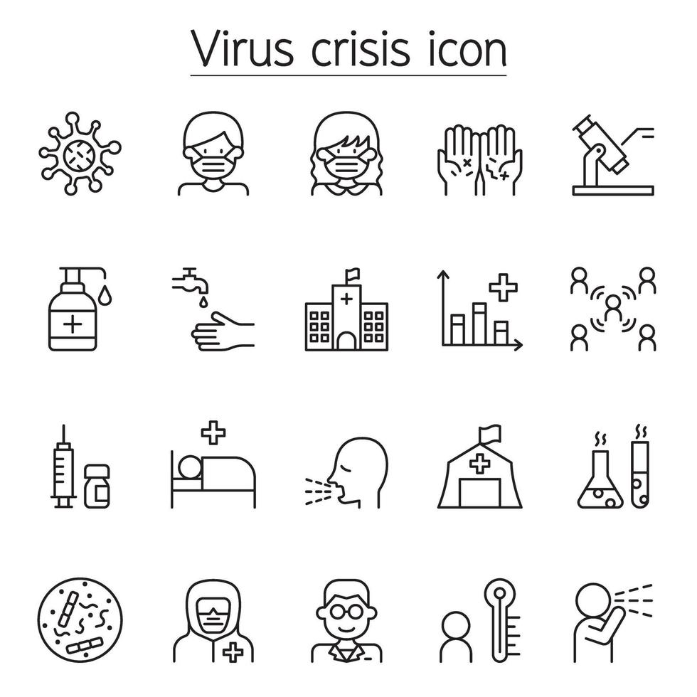 Viruskrankheit Corona-Virus, Covid-19-Symbole im Stil einer dünnen Linie vektor