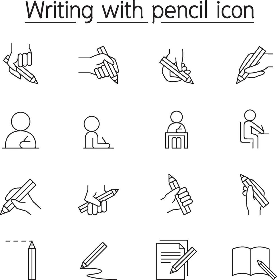 skriva med penna ikonuppsättning i tunn linje stil vektor
