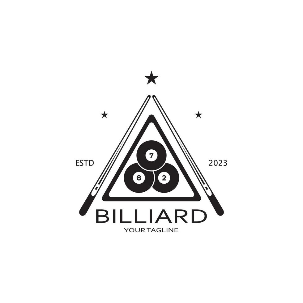 einfach Billard Logo Vorlage Illustration mit Billard- Bälle und Stöcke, Gestaltung zum Billard Stand, Billard Geschäft, Rechnungen Wettbewerb, mobil Billard Spiel, App, Abzeichen, Billard Sport, Vektor