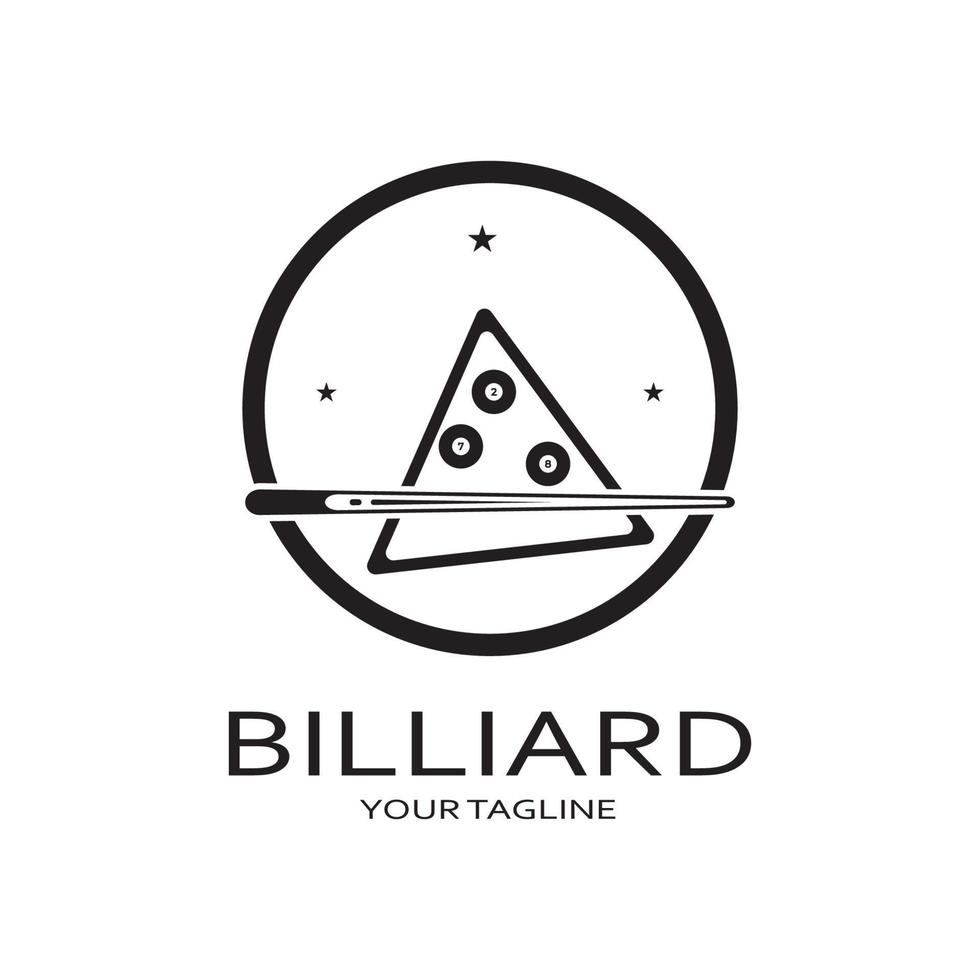 enkel biljard logotyp mall illustration med biljard bollar och pinnar, design för biljard monter, biljard affärer, räkningar konkurrens, mobil biljard spel, app, märke, biljard sport, vektor