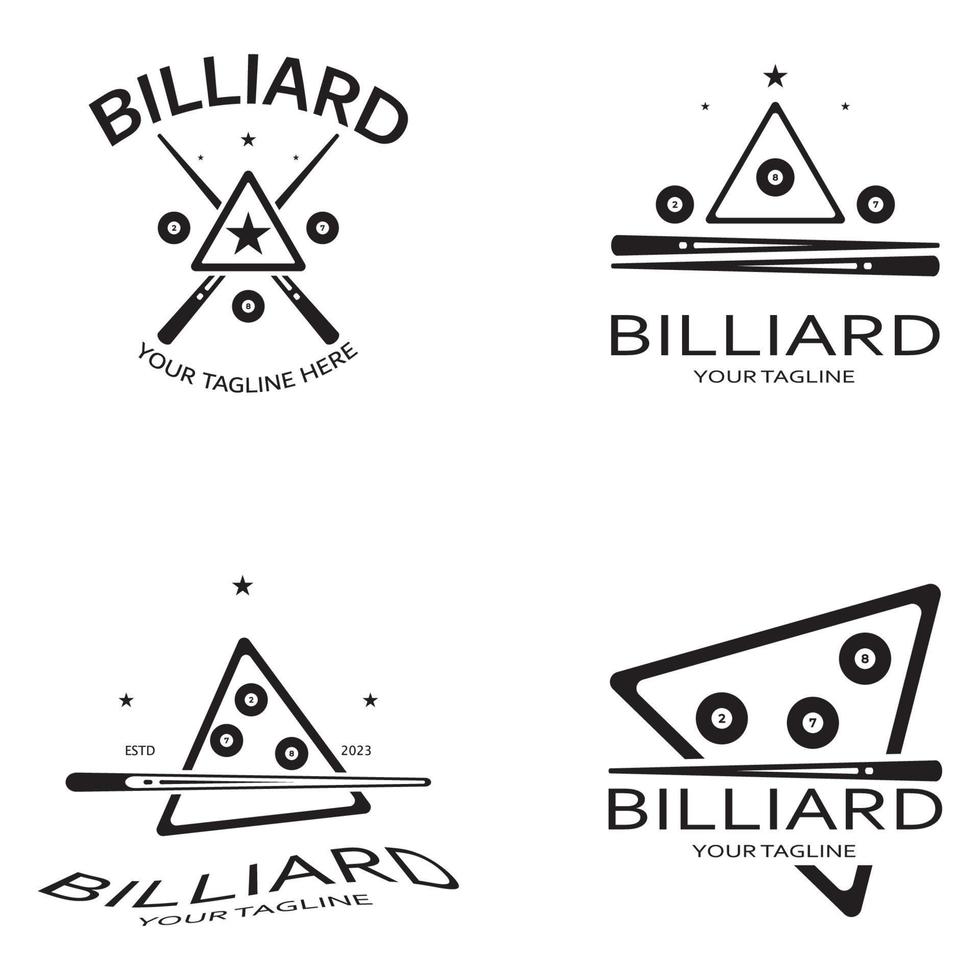 einfach Billard Logo Vorlage Illustration mit Billard- Bälle und Stöcke, Gestaltung zum Billard Stand, Billard Geschäft, Rechnungen Wettbewerb, mobil Billard Spiel, App, Abzeichen, Billard Sport, Vektor