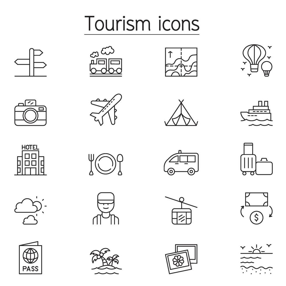 turism ikonuppsättning i tunn linje stil vektor