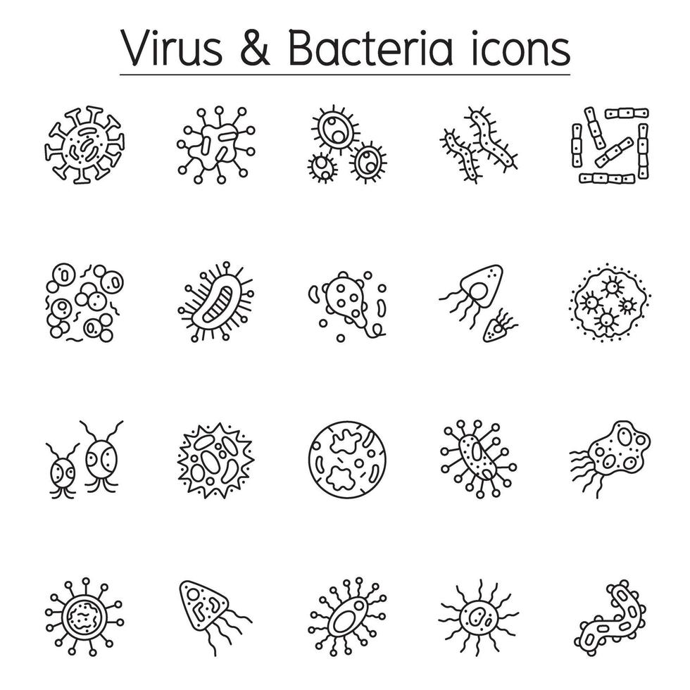 virus, bakterier, covid-19, corona virus ikonuppsättning i tunn linje stil vektor