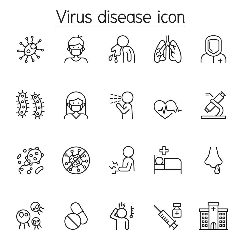 virussjukdom, coronavirus och covid-19 ikonuppsättning i tunn linje stil vektor