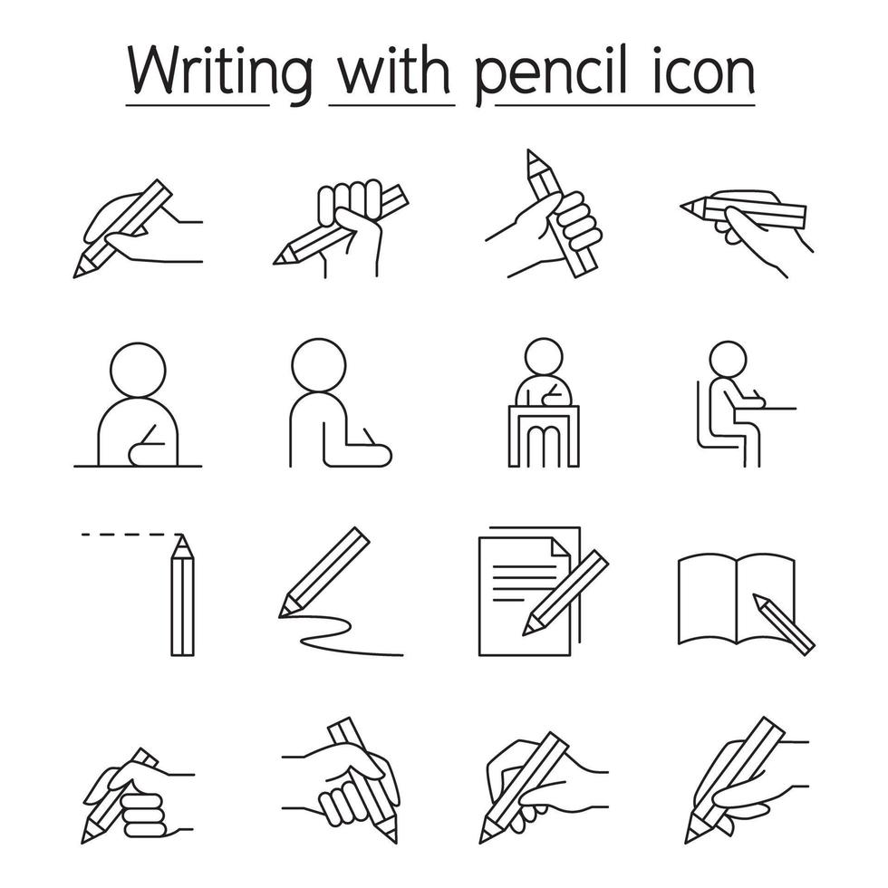 skriva med penna ikonuppsättning i tunn linje stil vektor