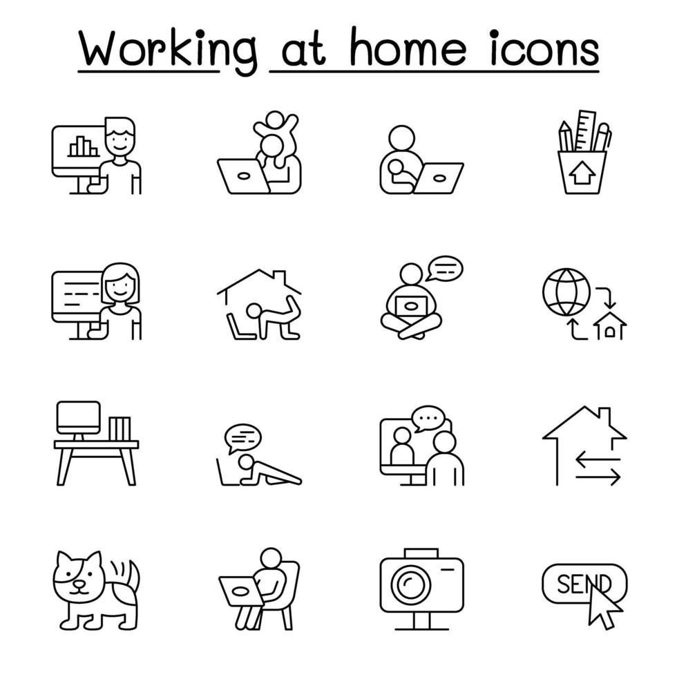 arbeta hemifrån ikoner i tunn linje stil vektor