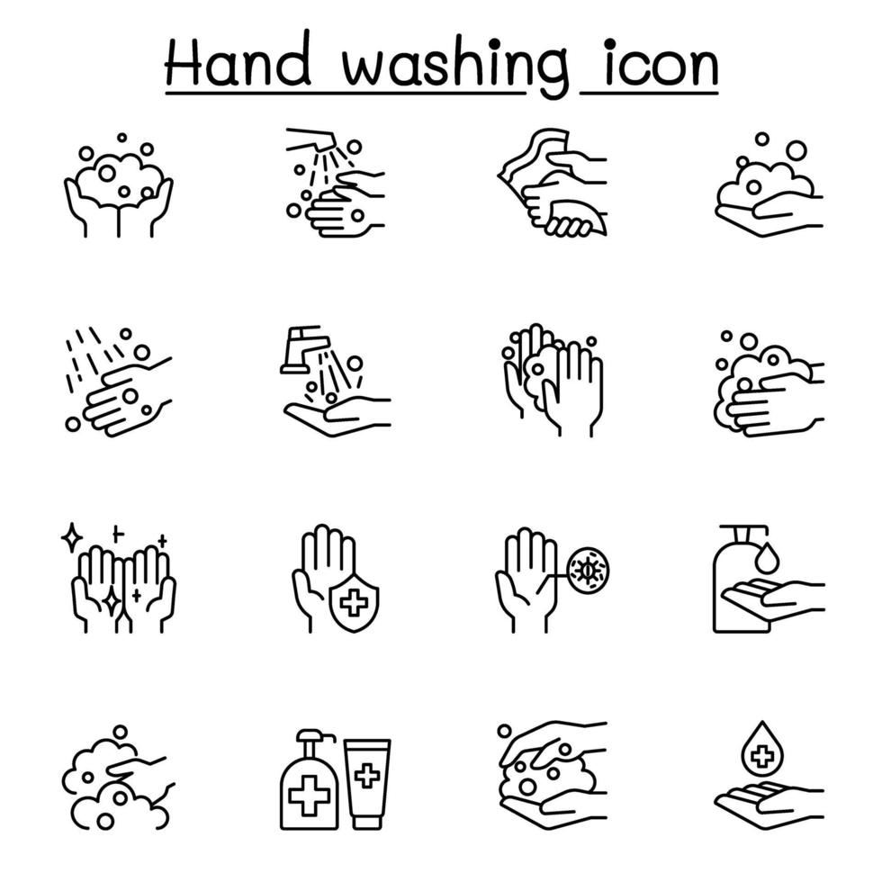 handtvätt ikonuppsättning i tunn linje stil vektor