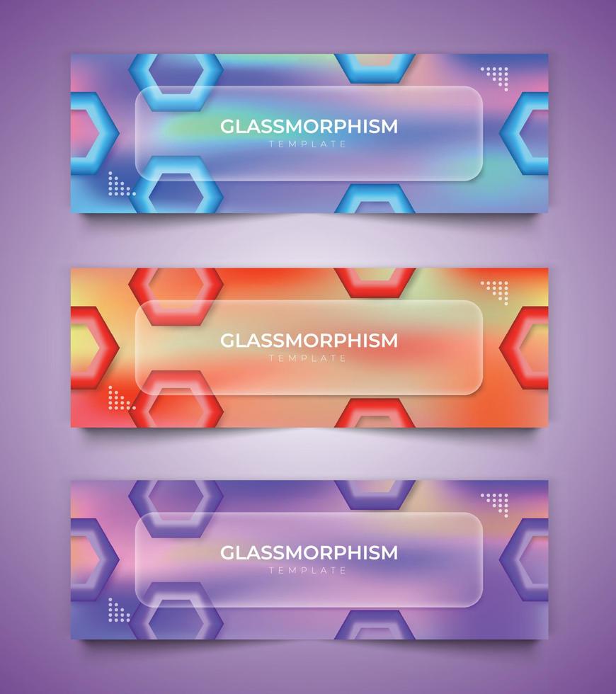 Glas Morphismus Banner, bunt Flüssigkeit Gradient Hintergrund Vektor Vorlage Banner, 3d Poster einstellen mit anders Farbe Konzept.