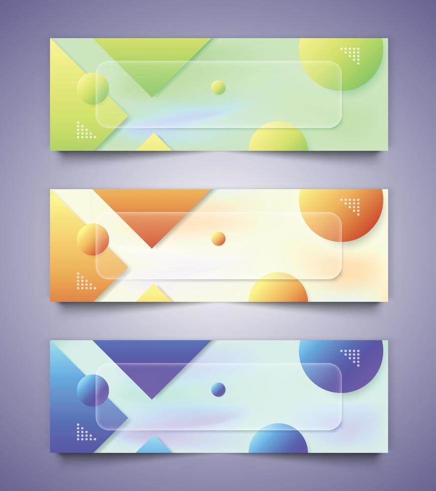 Glas Morphismus Banner, bunt Gradient Hintergrund Vektor Vorlage Banner, 3d Poster einstellen mit anders Farbe Konzept.