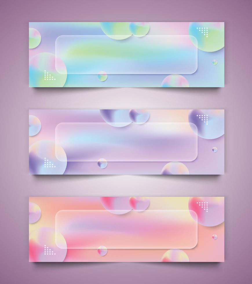 Glas Morphismus Banner, bunt Flüssigkeit Gradient Hintergrund Vektor Vorlage Banner, 3d Poster einstellen mit anders Farbe Konzept.