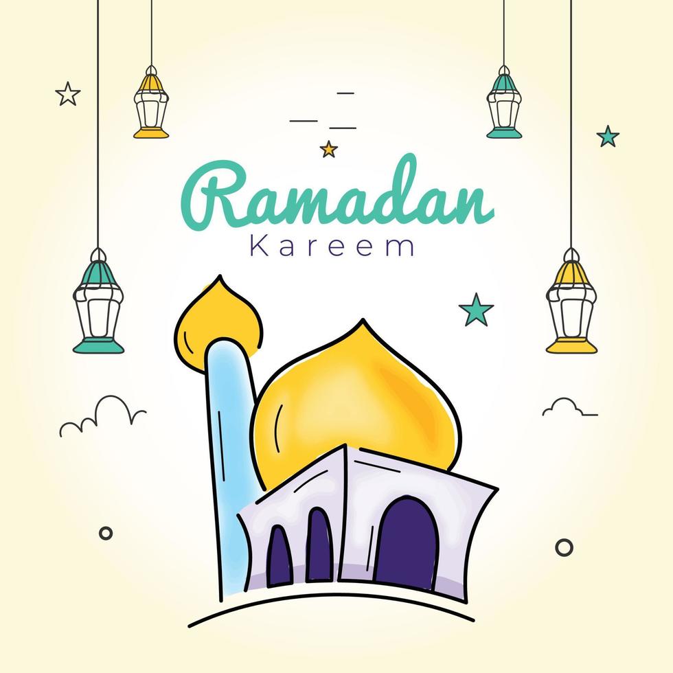 Ramadan kareem Gruß Karte Design mit Moschee und Lampen vektor