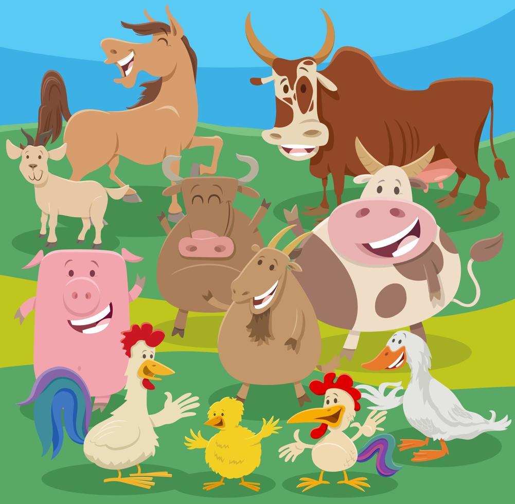 tecknad bondgård djur karaktärer grupp på landsbygden vektor