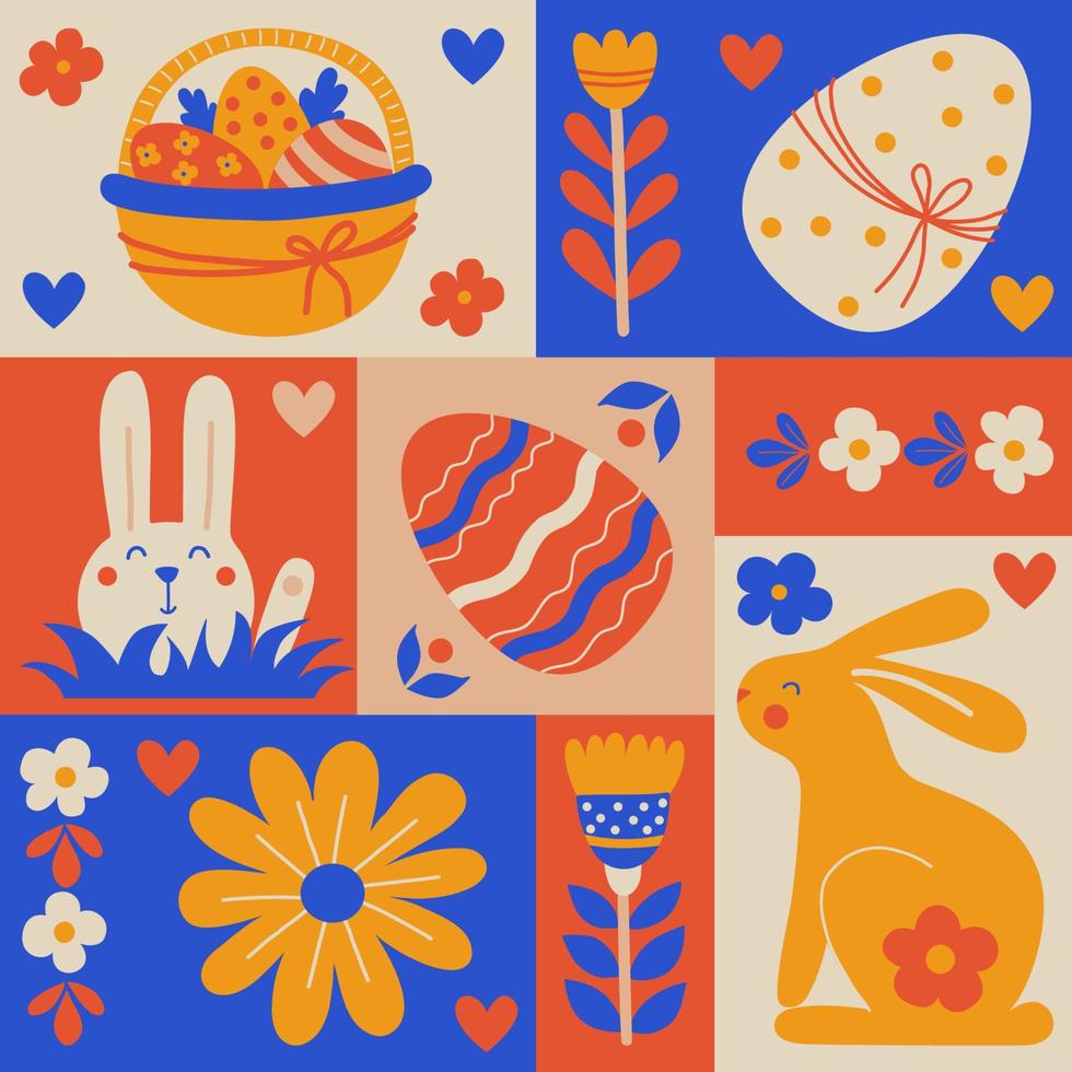 påsk minimalistisk affisch. modern geometrisk mönster abstrakt stil. vektor illustration. färgrik uppsättning påsk ägg, kanin, blomma och korg. hand dragen stil platt för omslag, eller vykort.