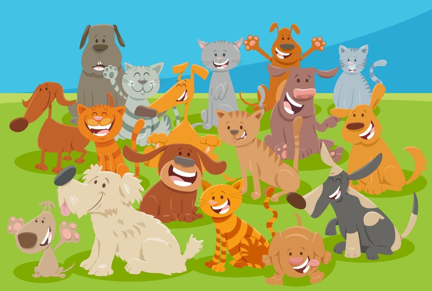 tecknade hundar och katter komiska djur karaktärer grupp vektor