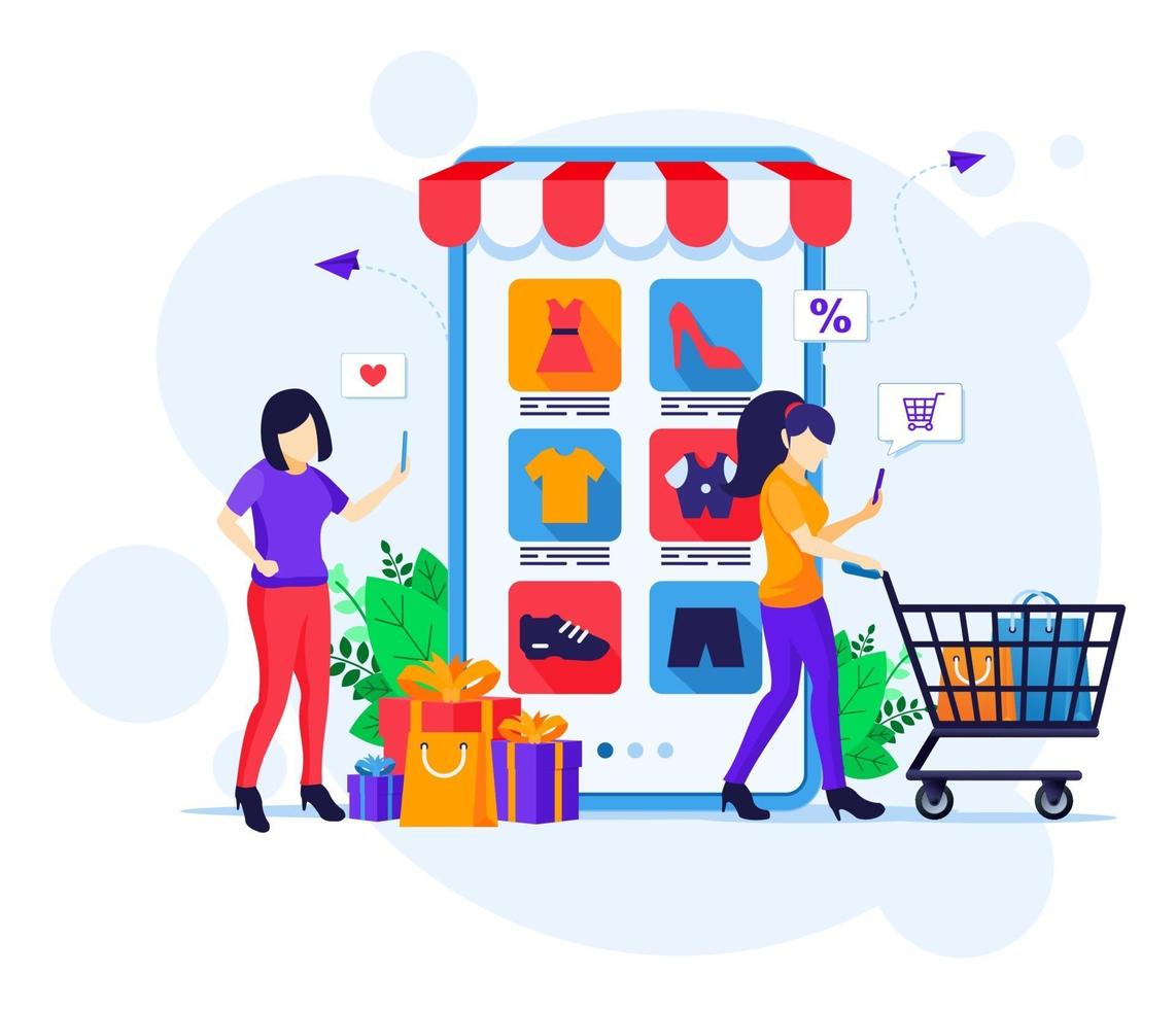 online shoppingkoncept, unga kvinnor med kundvagn köper produkter i mobilapplikationen butik platt vektorillustration vektor