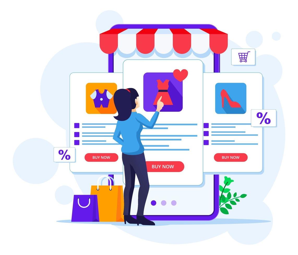 Online-Shopping-Konzept, eine Frau wählt und kauft Produkte in der Online-Vektor-Illustration für mobile Anwendungen vektor