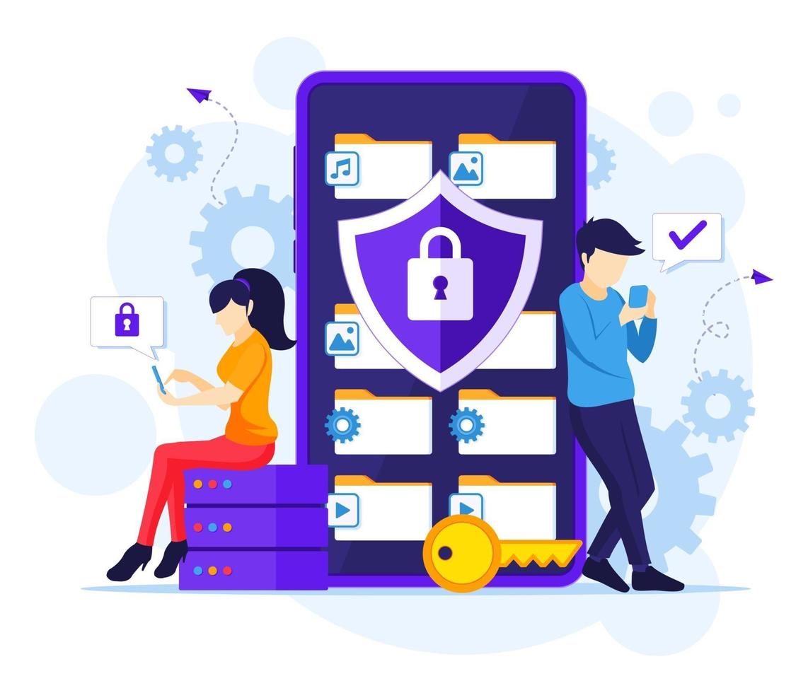 Datenschutzkonzept, Menschen, die Daten und Dateien auf einem riesigen Smartphone schützen vektor